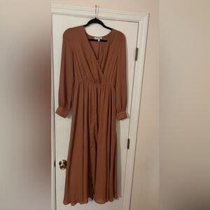 Polagram Brown Ruched Wrap Sundress with Bishop Sleeves